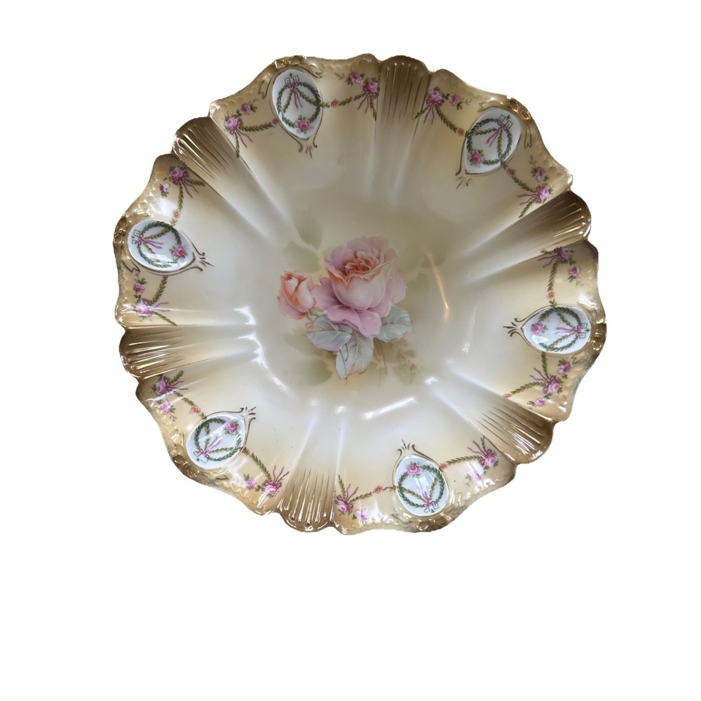 1897-1911 Hand Painted RS Prussia Porcelain Bowl Rose And Bows Pattern - Rare